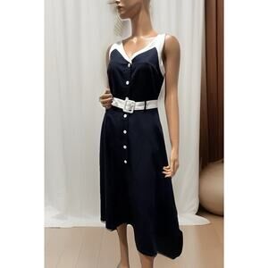 rihoas dress Navy And White Fit And Flow Button Up Belted With Pockets size s